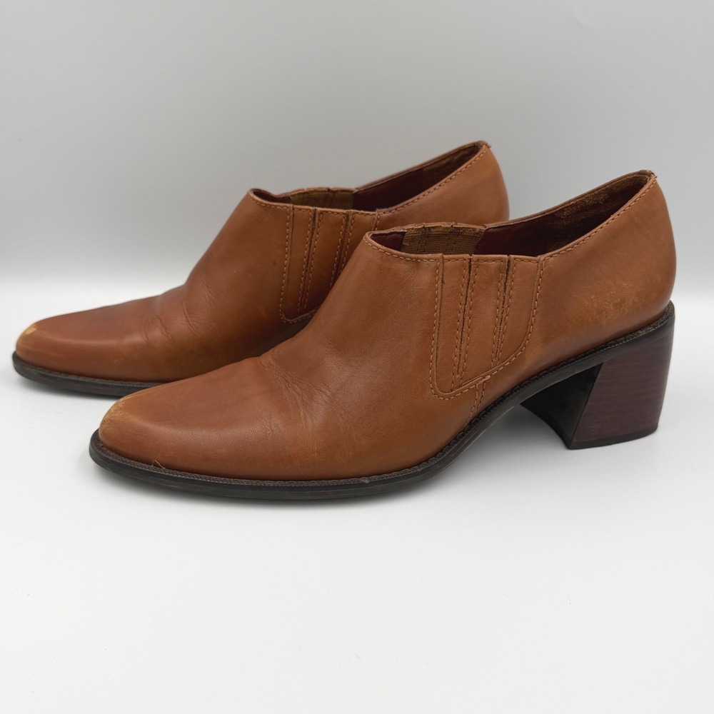 G.H. Bass Leather Ankle Boots Womens Size 8M Cognac Brown Stacked Heel Brazil